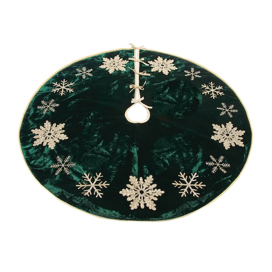 Melrose 26.75" Green & Gold Embroidered Snowflake Christmas Tree Skirt
